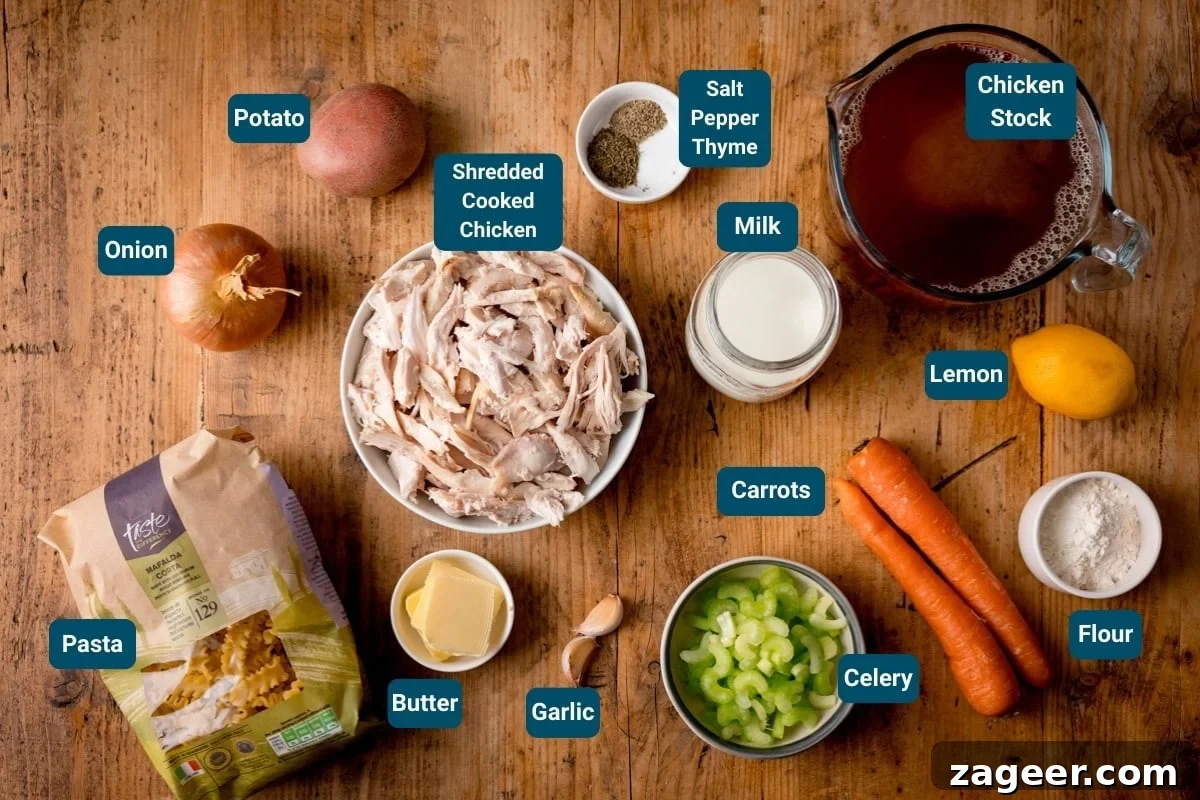 Classic Homemade Chicken Noodle Soup Recipe for Comforting Meals 4 Top-down view of labelled ingredients for homemade chicken noodle soup: chicken, stock, milk, lemon, vegetables, pasta, butter, garlic, flour, and seasonings on a wooden table.