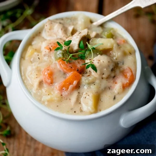 Classic Homemade Chicken Noodle Soup Recipe for Comforting Meals 8 A white bowl filled with creamy chicken pot pie soup containing pieces of chicken, carrots, celery and potatoes, topped with fresh thyme.