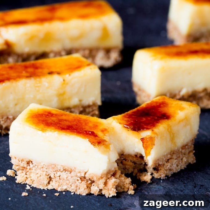 Crème Brûlée Dessert Bars: Creamy Caramel-Topped Pastry Bars 3 These Crème Brulee Bars are smooth, creamy and delicious - with a biscuit base and a crunchy sugar topping.