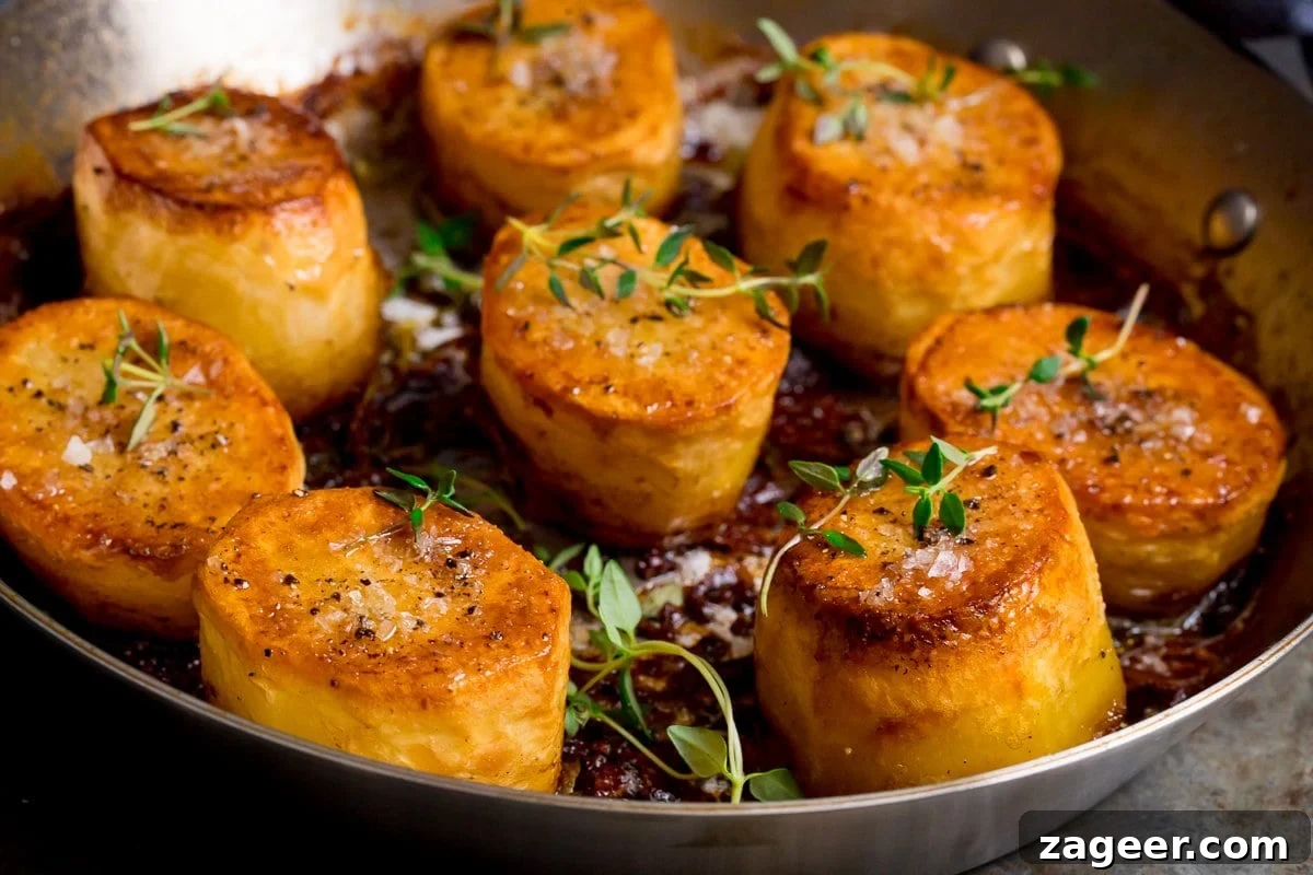 Perfectly Crispy Fondant Potatoes: Classic Oven-Roasted Recipe 4 Wide image of fondant potatoes in a pan topped with fresh thyme