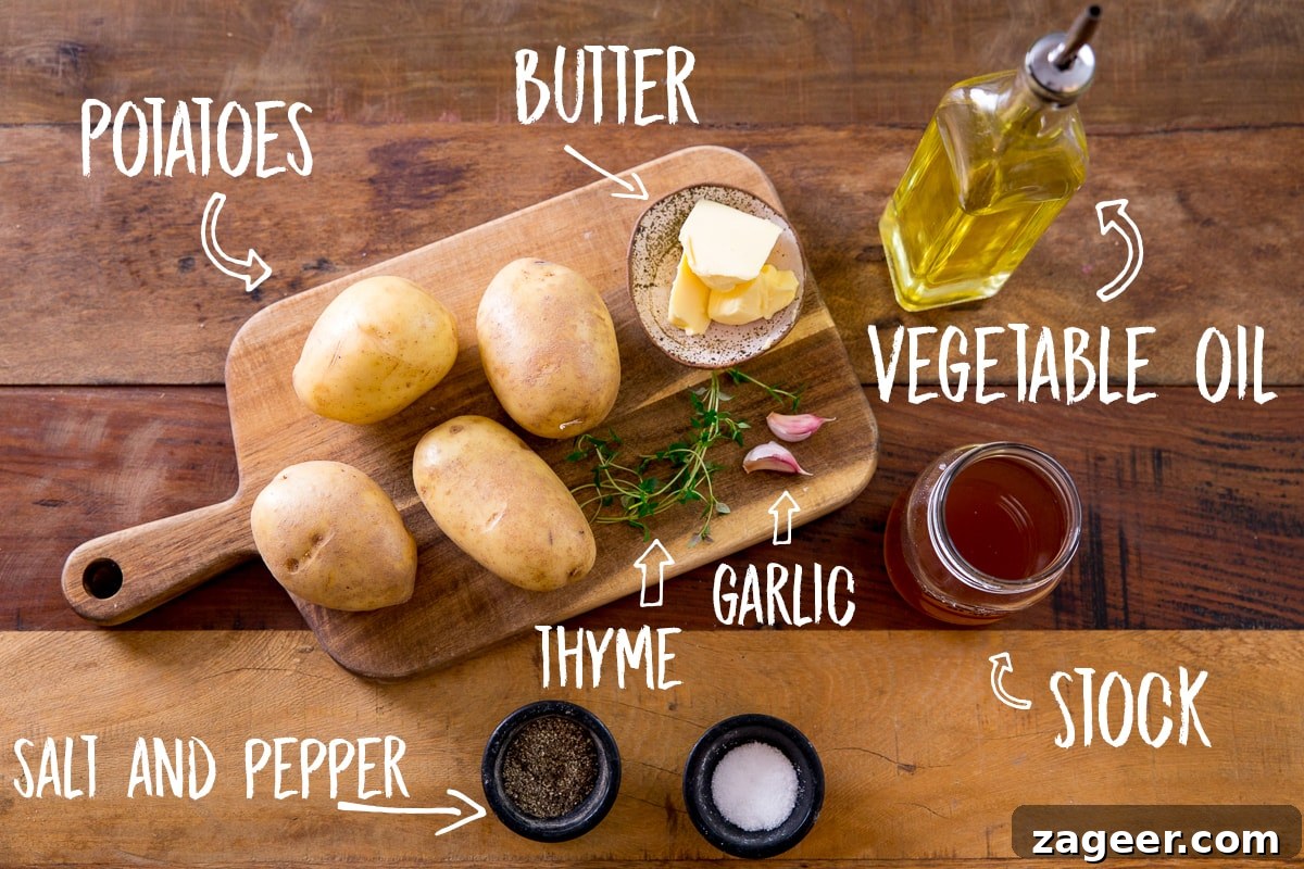 Perfectly Crispy Fondant Potatoes: Classic Oven-Roasted Recipe 5 Ingredients for fondant potatoes on a wooden table