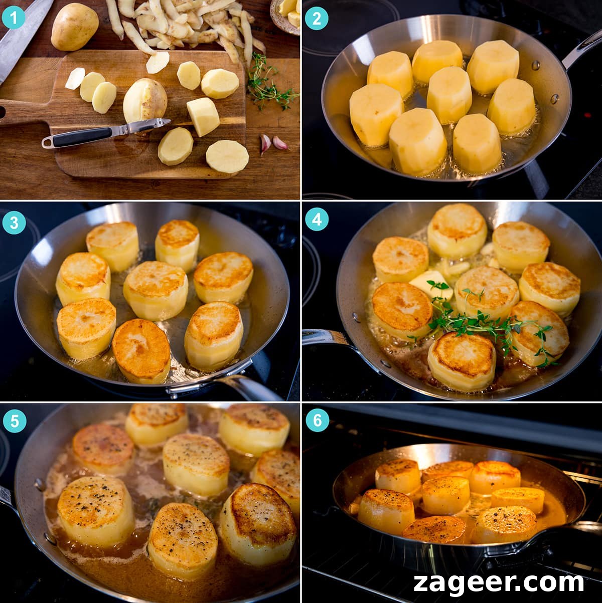 Perfectly Crispy Fondant Potatoes: Classic Oven-Roasted Recipe 6 6 image collage showing how to make fondant potatoes