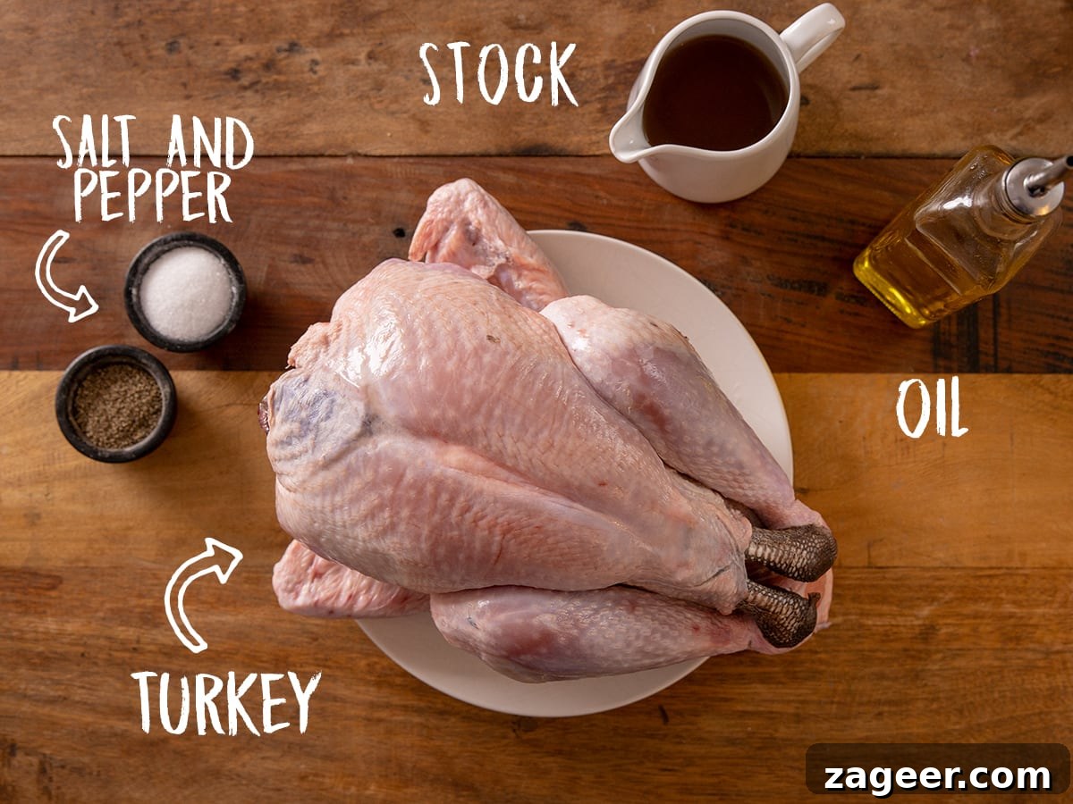 Ingredients for roast turkey on a wooden table