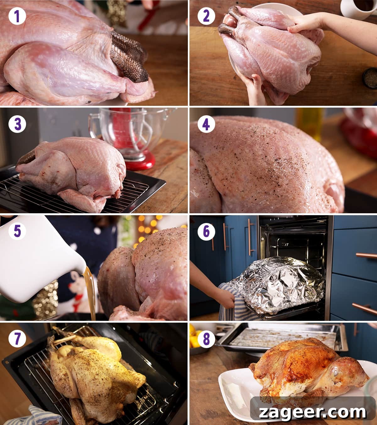 8 image collage showing how to roast a turkey