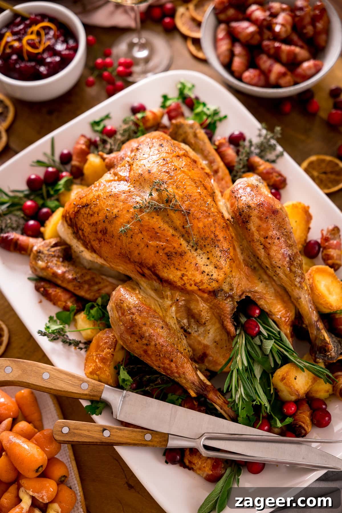 Roast turkey on a white plate with herbs, side dishes and a carving knife and fork on the plate.