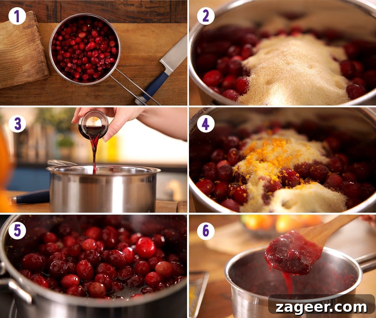 Port-Infused Cranberry Sauce Recipe for Holiday Menus 4 6 image collage showing how to make cranberry sauce