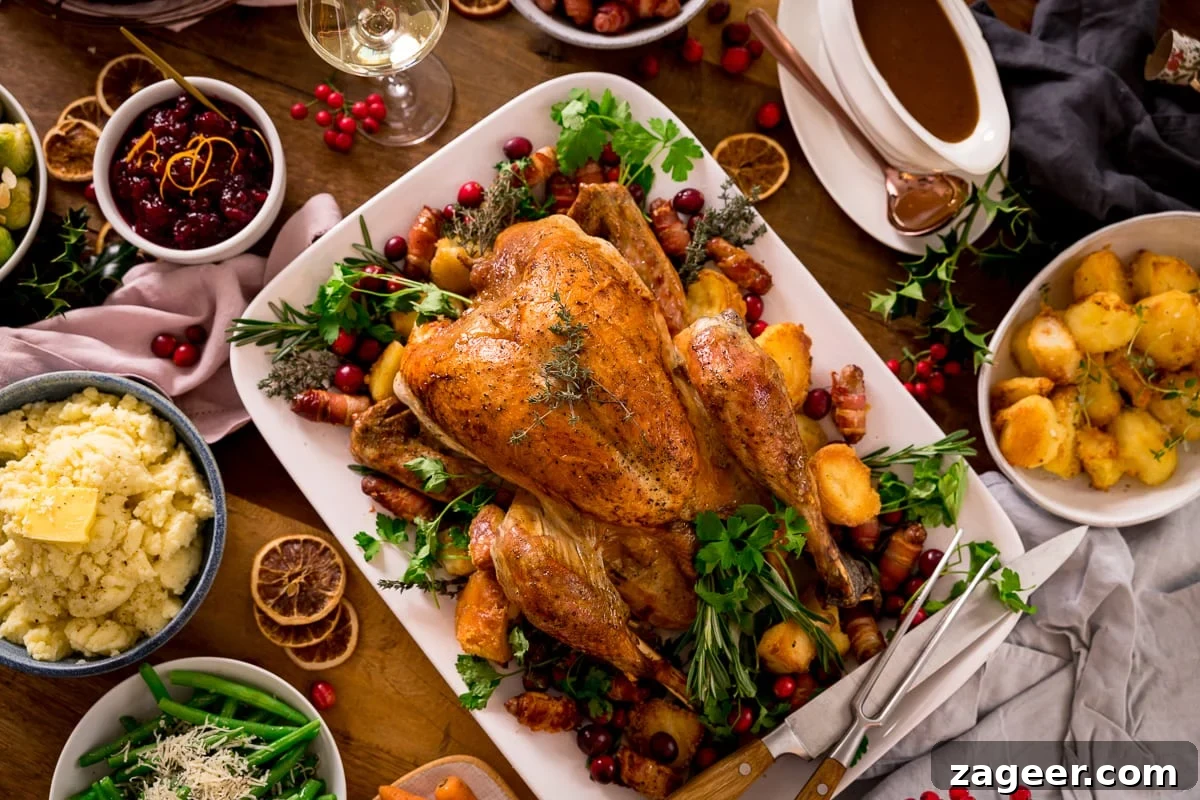 Port-Infused Cranberry Sauce Recipe for Holiday Menus 5 Roast turkey christmas dinner with vegetables and gravy on a wooden table.