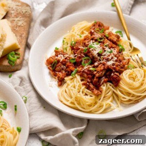 Turkey Bolognese from Leftover Roast: Quick Family Dinner 12 leftover turkey bolognese on a white plate with spaghetti