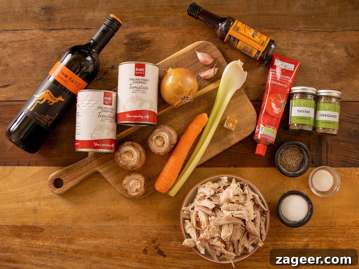 Turkey Bolognese from Leftover Roast: Quick Family Dinner 3 Ingredients for Leftover Turkey Bolognese on a wooden table