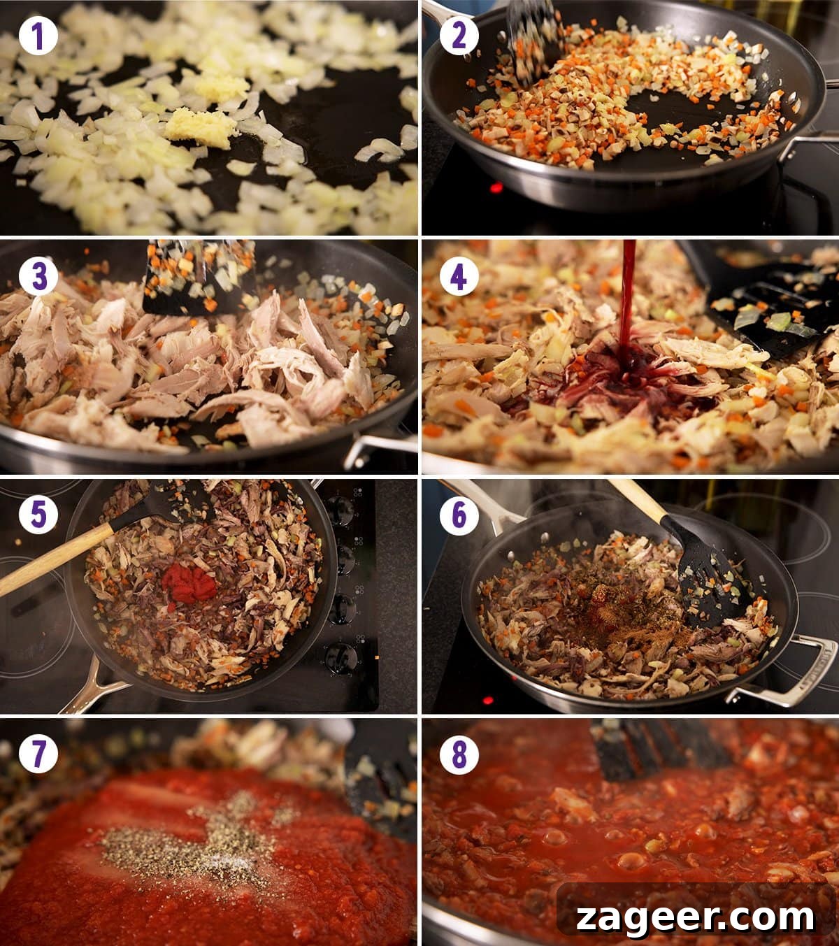 Turkey Bolognese from Leftover Roast: Quick Family Dinner 4 8 image collage showing how to make leftover turkey bolognese