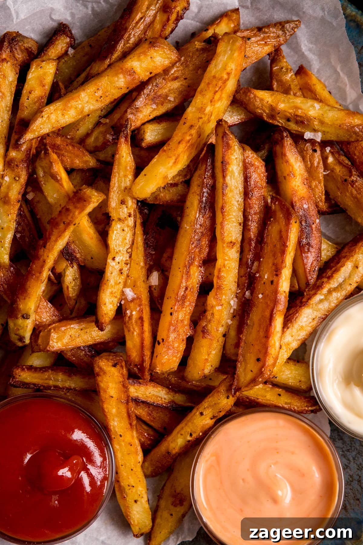 Crispy Homemade Oven Chips Recipe: Perfectly Golden Fries 5 Close up overhead image of crispy oven fries with a selection of sauces on baking parchment.