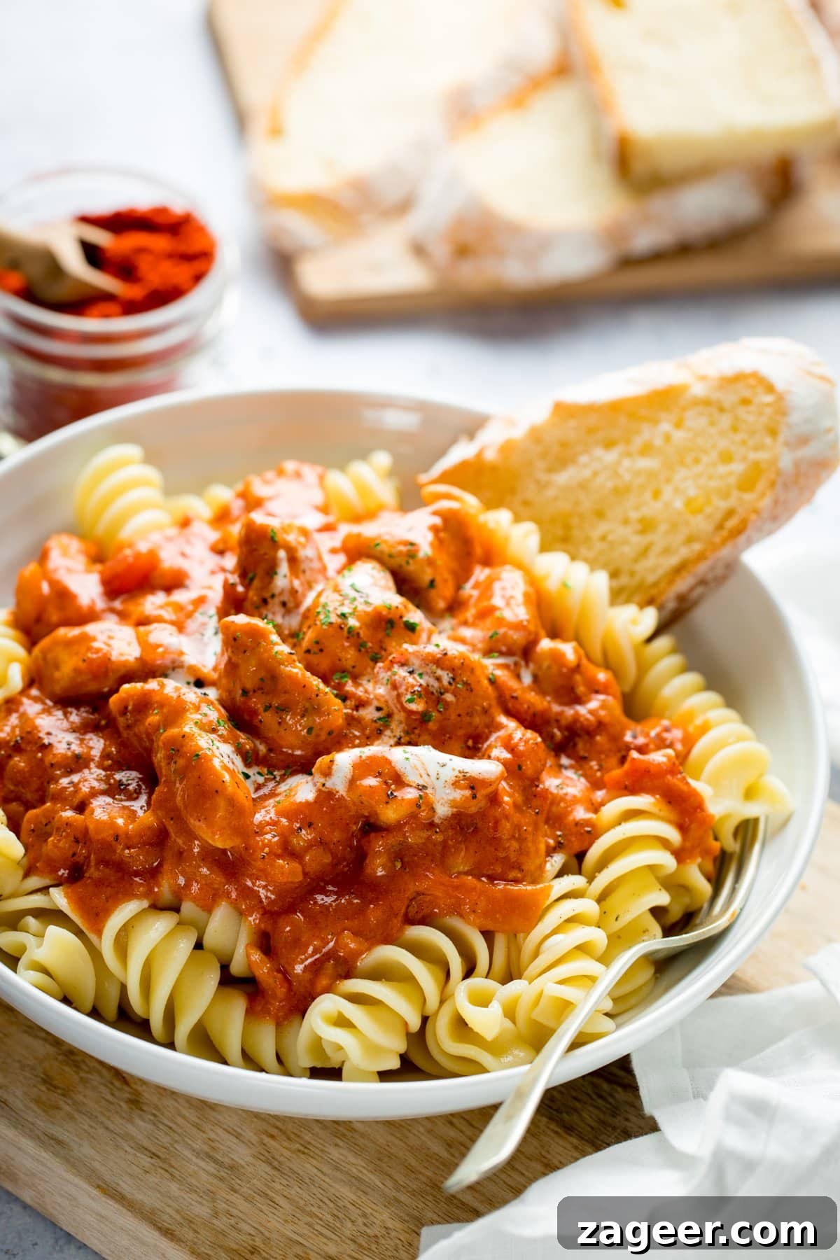 Classic Hungarian Chicken Paprikash Recipe — Creamy Paprika Chicken 2 White bowl on a light background filled with pasta and chicken paprikash. Slices of bread and a jar of paprika at the top of the image.