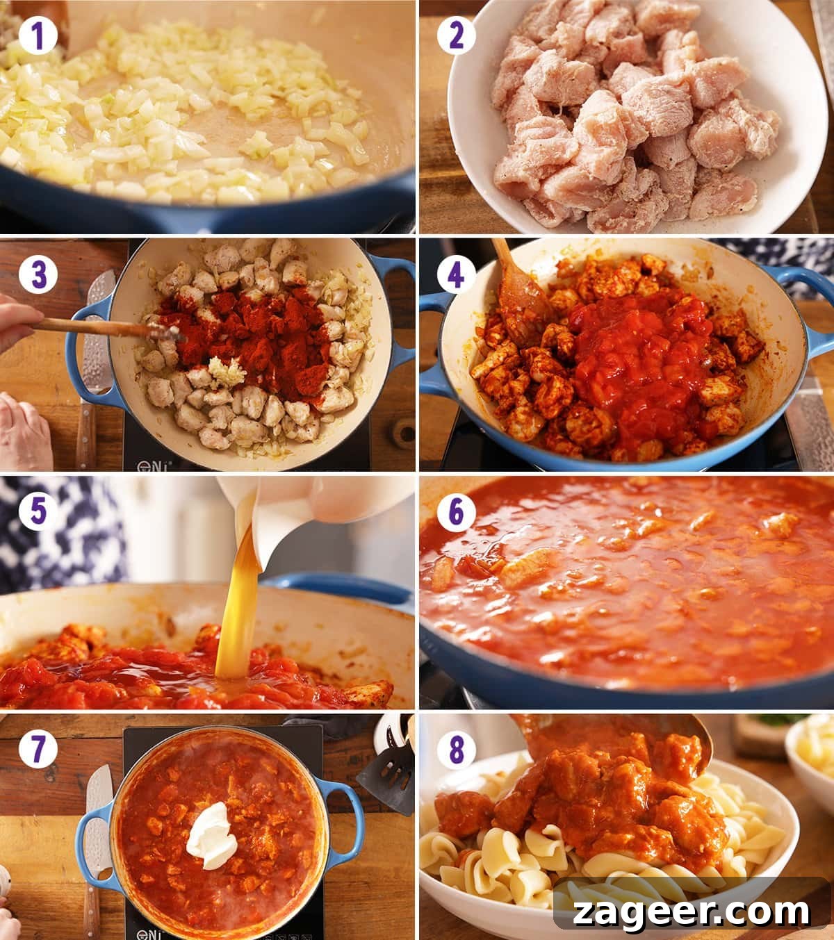 Classic Hungarian Chicken Paprikash Recipe — Creamy Paprika Chicken 5 8 image collage showing how to make chicken paprikash