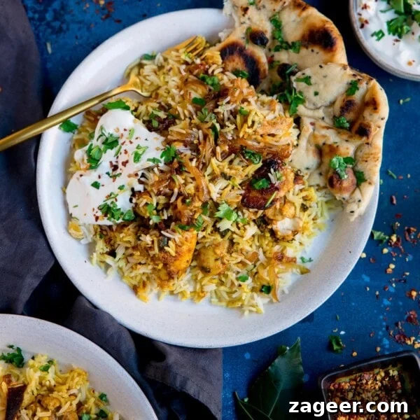 Creamy Chicken Pasanda Recipe: Aromatic Mughlai Curry Guide 17 chicken biryani topped with natural yogurt on a white plate on a blue background.