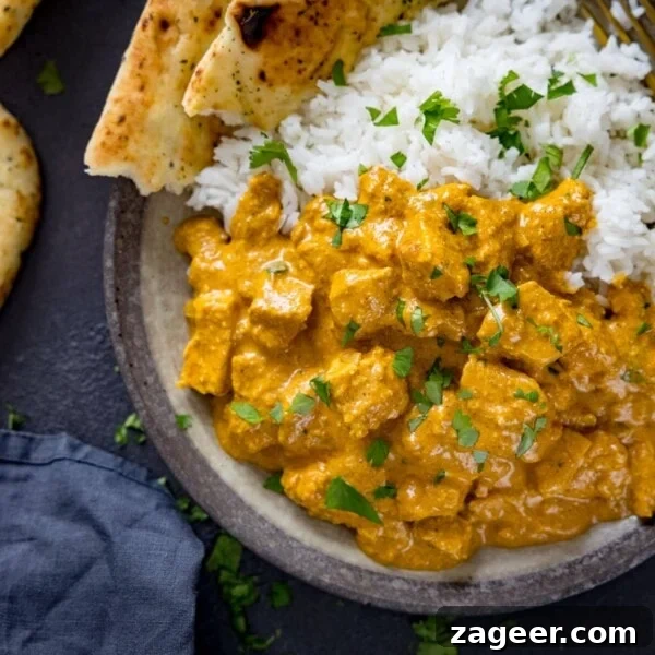 Creamy Chicken Pasanda Recipe: Aromatic Mughlai Curry Guide 20 Chicken korma, naan and rice in a bowl on a dark background.