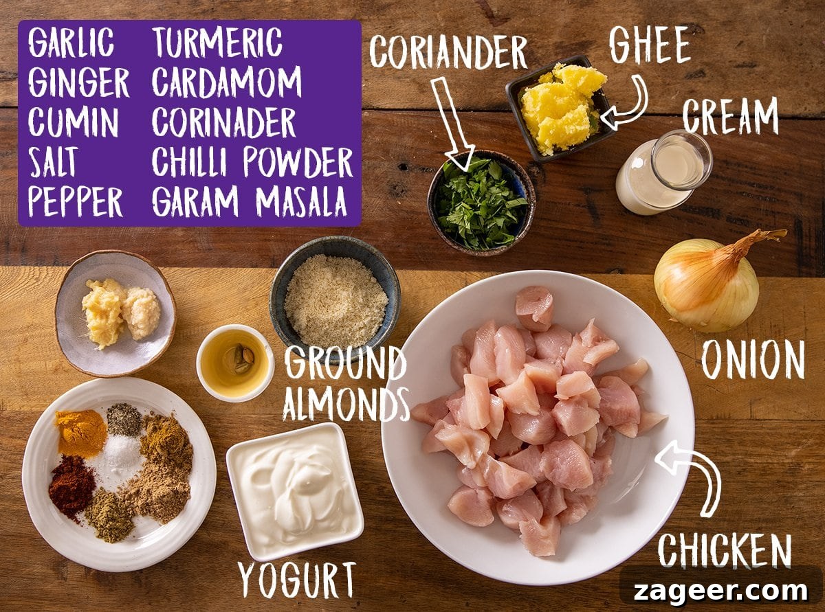Creamy Chicken Pasanda Recipe: Aromatic Mughlai Curry Guide 4 Ingredients for chicken pasanda on a wooden table.