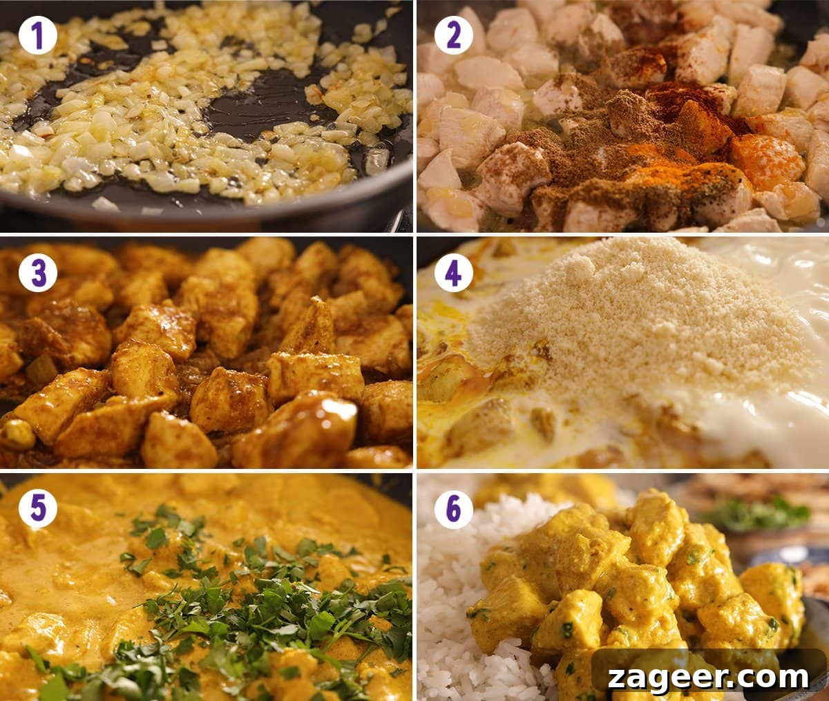 Creamy Chicken Pasanda Recipe: Aromatic Mughlai Curry Guide 5 6 image collage showing how to make chicken pasanda.