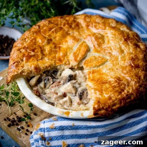 Chip Shop-Style Individual Cheese and Onion Pies 10 Golden-brown chicken and mushroom pie with a flaky pastry