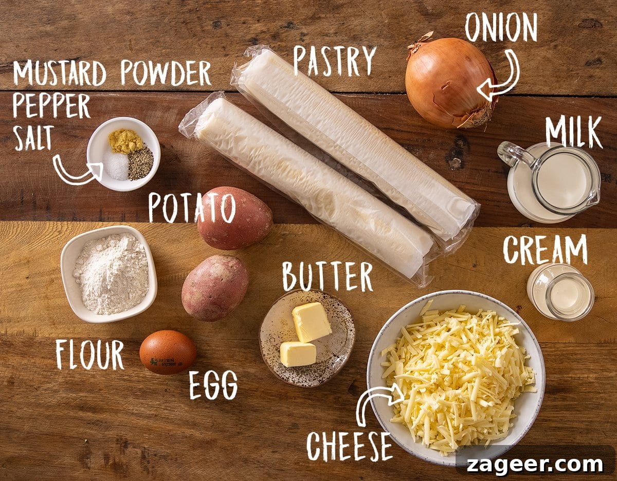 Chip Shop-Style Individual Cheese and Onion Pies 4 Ingredients for individual cheese and onion pies on a wooden table