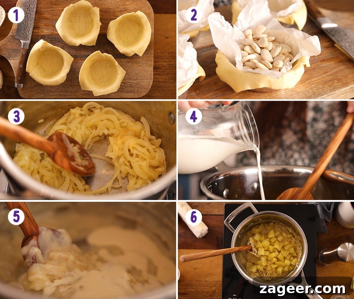 Chip Shop-Style Individual Cheese and Onion Pies 5 6 image collage showing initial process steps for making individual cheese and onion pies.