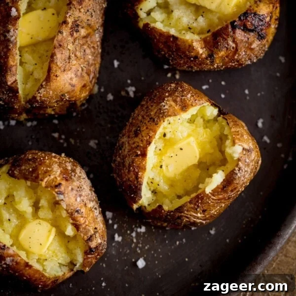 20-Minute Chorizo and Butterbean Soup Recipe 6 Square overhead image of four open baked potatoes, with butter, on a tray.