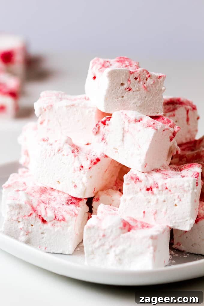 Rhubarb Marshmallows: Homemade Tart & Fluffy Candy Recipe 5 Light, fluffy vanilla marshmallows, swirled with homemade rhubarb paste.