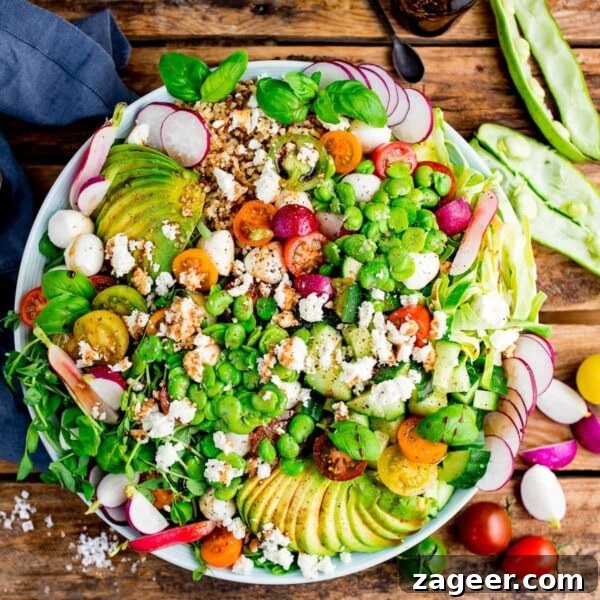 broadbean and quinoa caprese salad in a large bowl