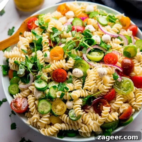 Crisp Green Salad with Tangy Vinaigrette Dressing 6 Large bowl filled with pasta salad on a light background