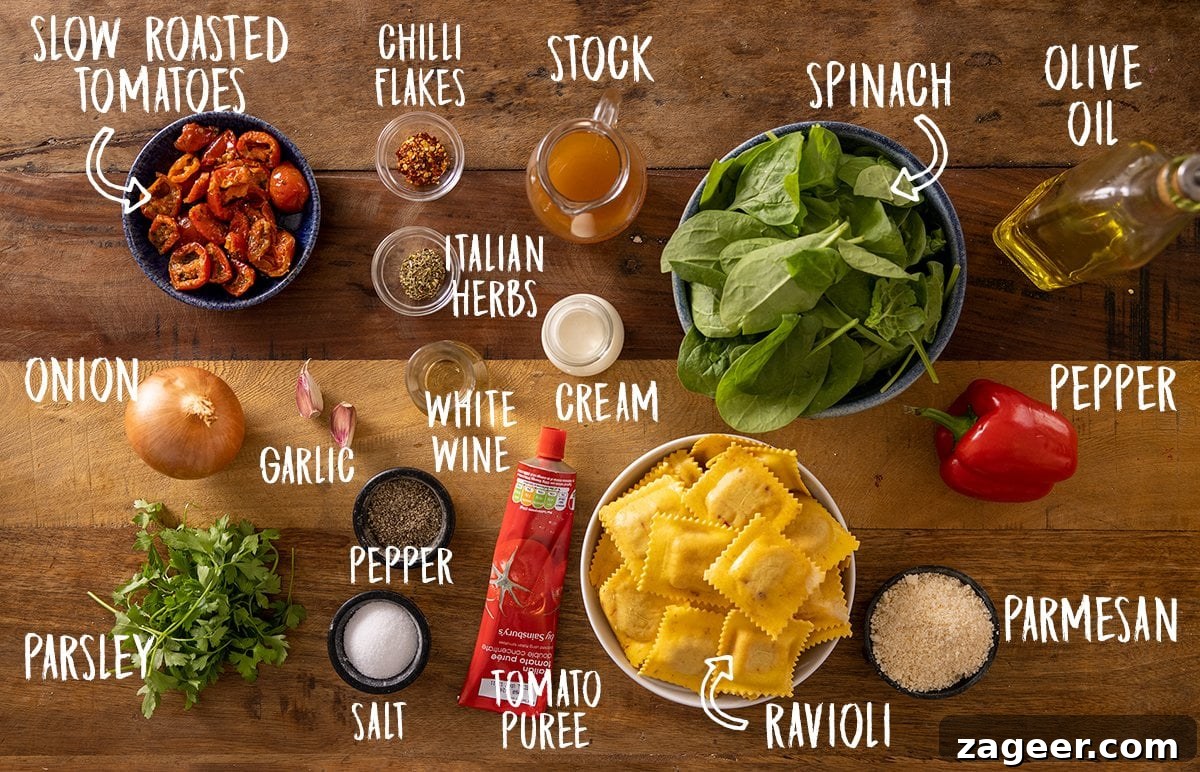 Creamy Tomato Sauce for Ravioli: Quick Weeknight Recipe 4 Ingredients for creamy tomato ravioli on a wooden table