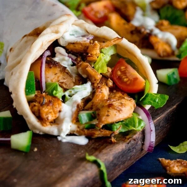 Authentic Lamb Kofta Recipe with Tangy Yogurt Sauce 8 side shot of chicken gyros rolled up in a flatbread with lettuce, tomato, red onion and tzatziki.