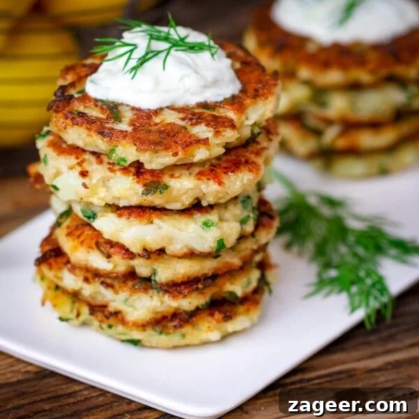 Crispy Bang Bang Cauliflower with Spicy Creamy Sauce 7 Square image of a stack of cauliflower fritters topped with tzatziki on a white plate on a wooden board.