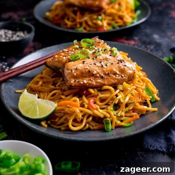 Chicken Yakisoba Recipe: Flavorful Stir-Fried Noodles with Veggies 16 Asian salmon on top of stir fried noodles