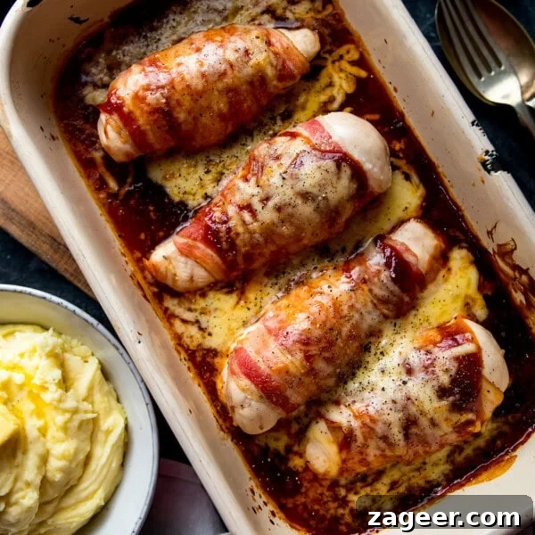 Lasagna-Style Baked Chicken Casserole Recipe 7 Hunters Chicken - Four bacon-wrapped chicken breasts baked in a rectangular dish with melted cheese and sauce, next to a bowl of mashed potato.
