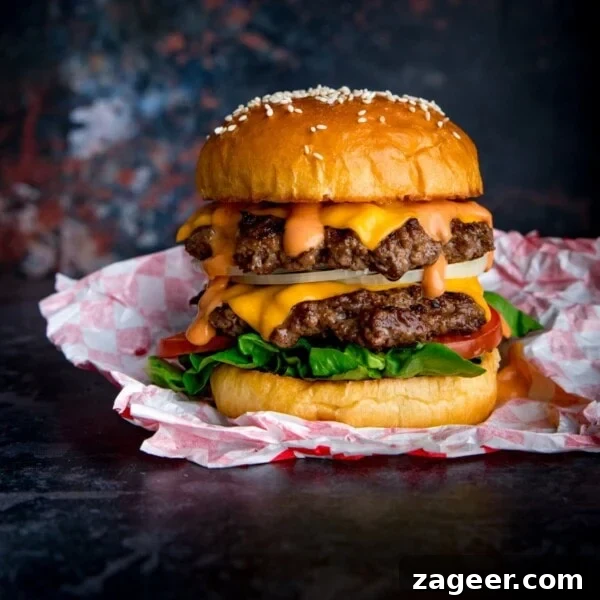 Creamy Blue Cheese Sauce Recipe for Steak and Wings 9 Double cheeseburger on sesame seed bun