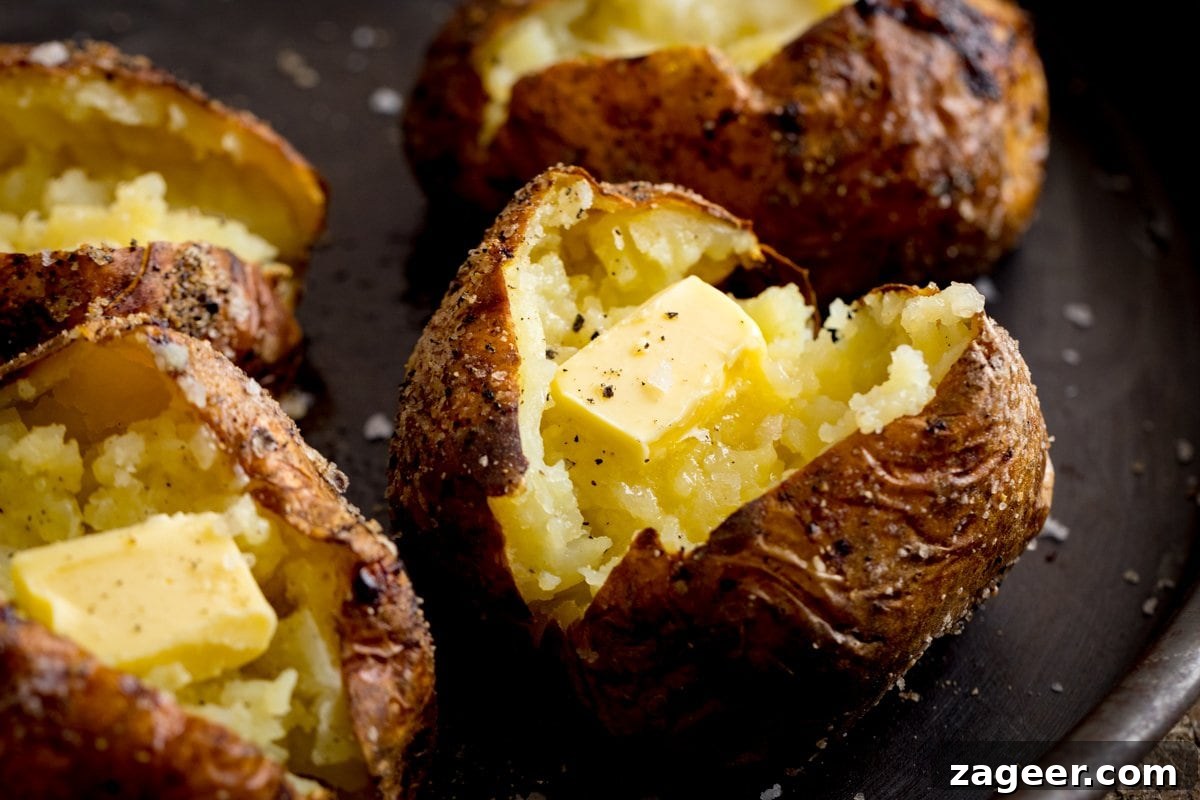 Perfect Baked Potato: Tips, Timing, and Crispy Skin Tricks 3 Wide image of an open baked potato with a knob of butter. Three further baked potatoes are arranged around the main one.