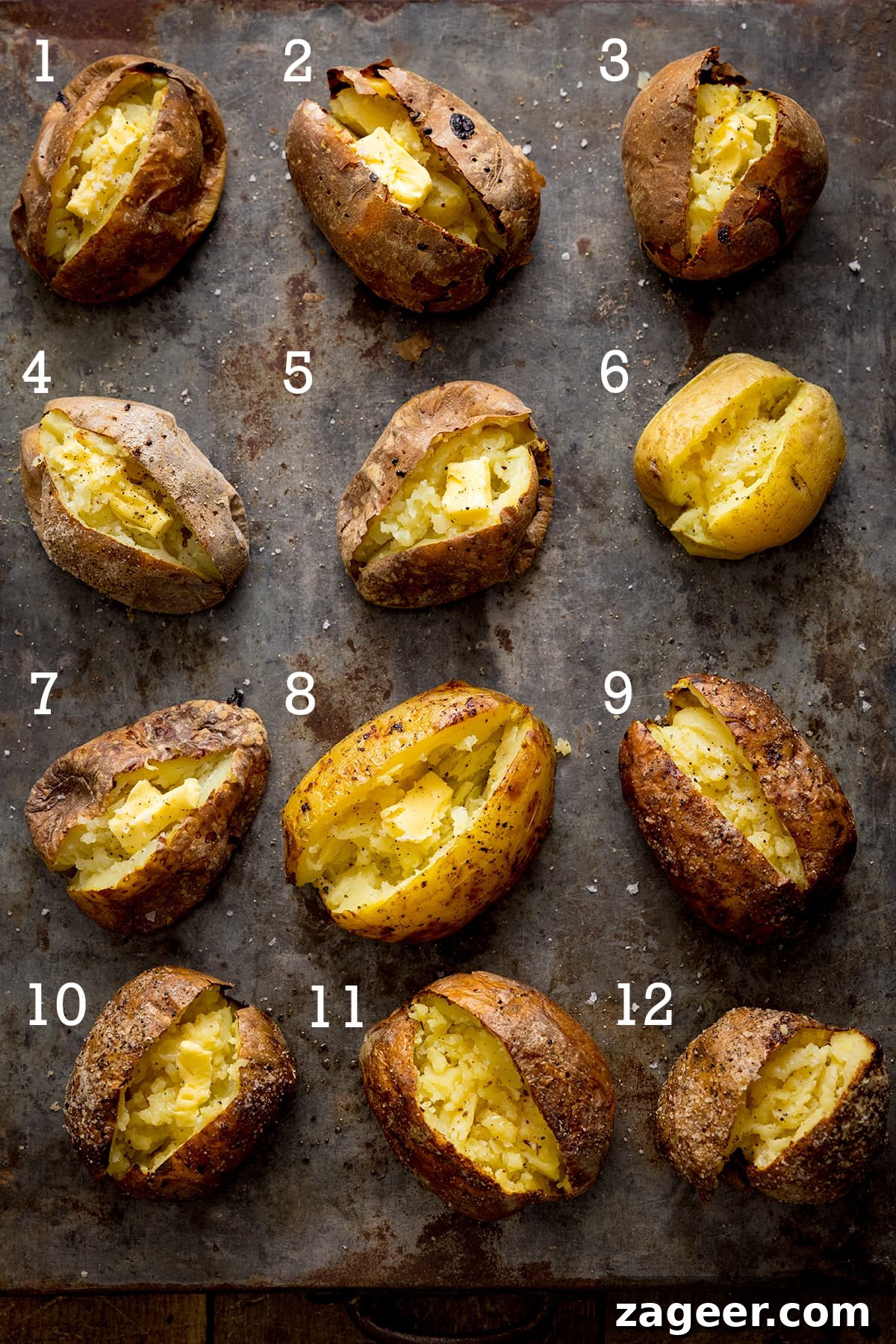 Perfect Baked Potato: Tips, Timing, and Crispy Skin Tricks 4 12 open baked potatoes on a metal tray - each with a number from one to ten.