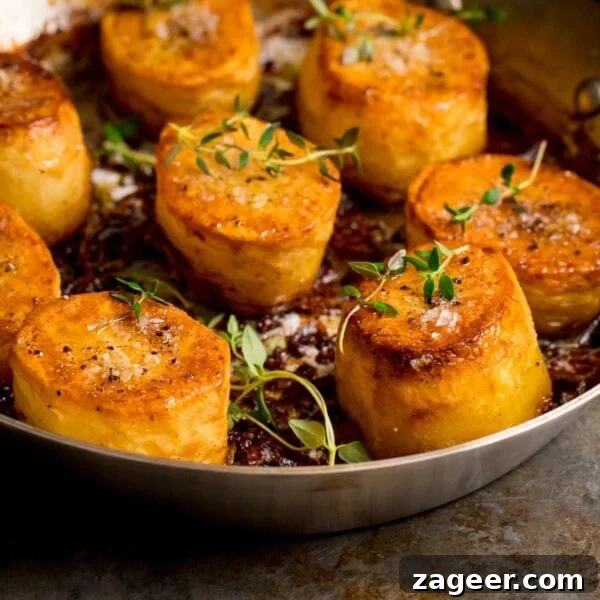 Perfectly Crispy Baked Potato: Foolproof Oven Method 6 Square image of fondant potatoes in a frying pan, topped with fresh thyme and salt