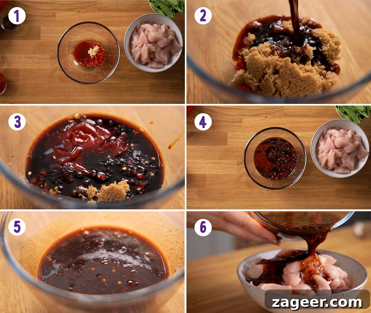 Spicy Firecracker Chicken Recipe with Crispy Bites 5 6 image collage showing how to marinade the chicken for firecracker chicken