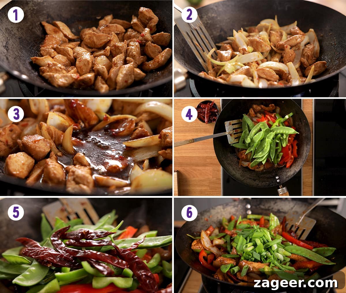 Spicy Firecracker Chicken Recipe with Crispy Bites 7 6 image collage showing final stages for making firecracker chicken stir fry