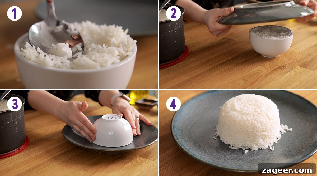 Spicy Firecracker Chicken Recipe with Crispy Bites 8 4 image collage showing how to make a mound of rice