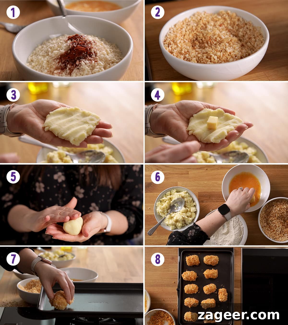 Cheesy Baked Potato Croquettes: Crispy Oven-Baked Recipe 5 8 image collage showing how to make potato croquettes