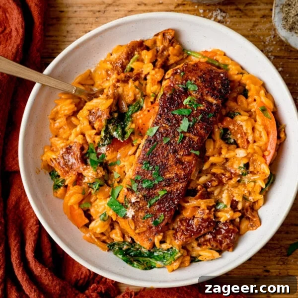 Tuscan-style orzo with pan fried salmon