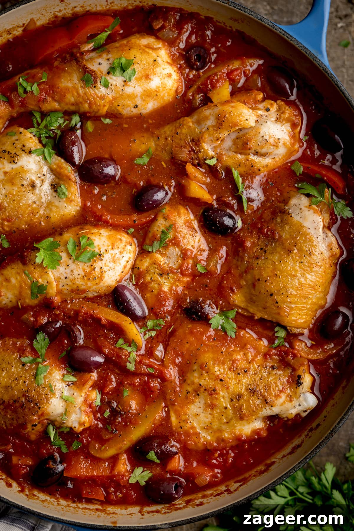 Classic Chicken Cacciatore Recipe: Rustic Italian Hunter’s Chicken 5 Close-up overhead image of chicken cacciatore in a large, shallow blue casserole dish.
