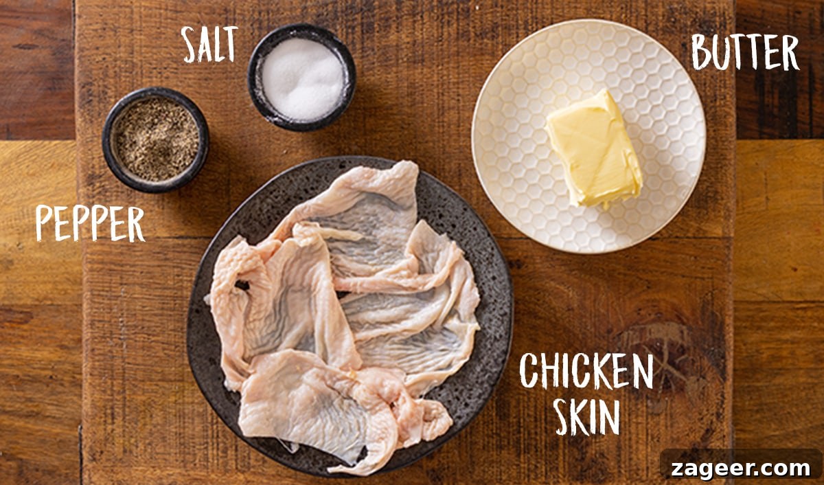 Crispy Chicken Skin Cracklings with Savory Butter Dip 4 Ingredients for chicken skin butter on a wooden table. There is an overlay with wording for the ingredients on the image.