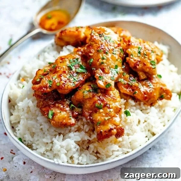 Crispy Chicken Skin Cracklings with Savory Butter Dip 8 honey garlic chicken in a bowl on top of boiled rice