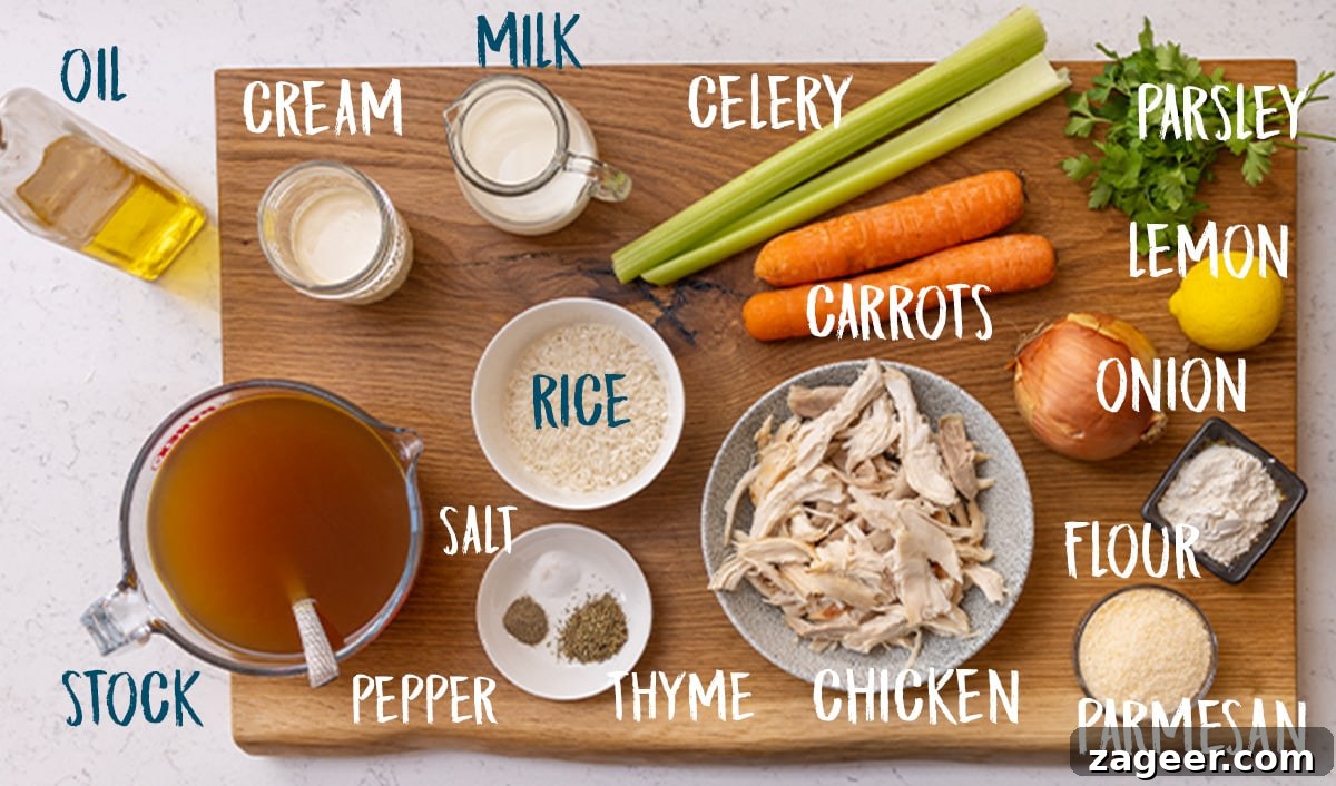Classic Chicken and Rice Soup Recipe for Comforting Weeknight Meals 4 Ingredients for chicken and rice soup on a wooden board