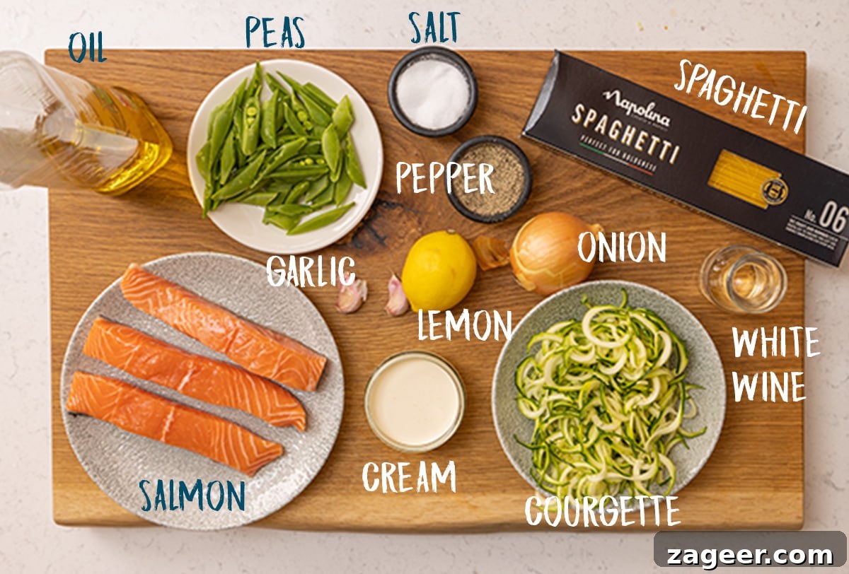 Ingredients for salmon with spaghetti and lemon cream sauce on a wooden board. There is a text overlay, naming the ingredients.