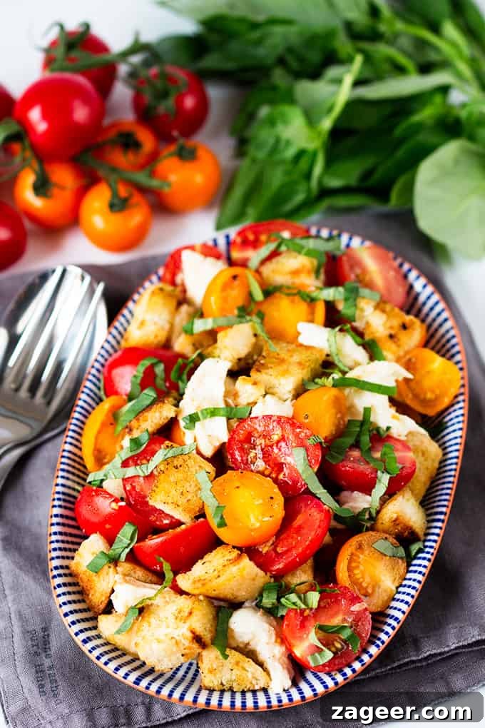 Panzanella Caprese salad. The dressing-soaked garlic croutons are what makes this salad so amazing!