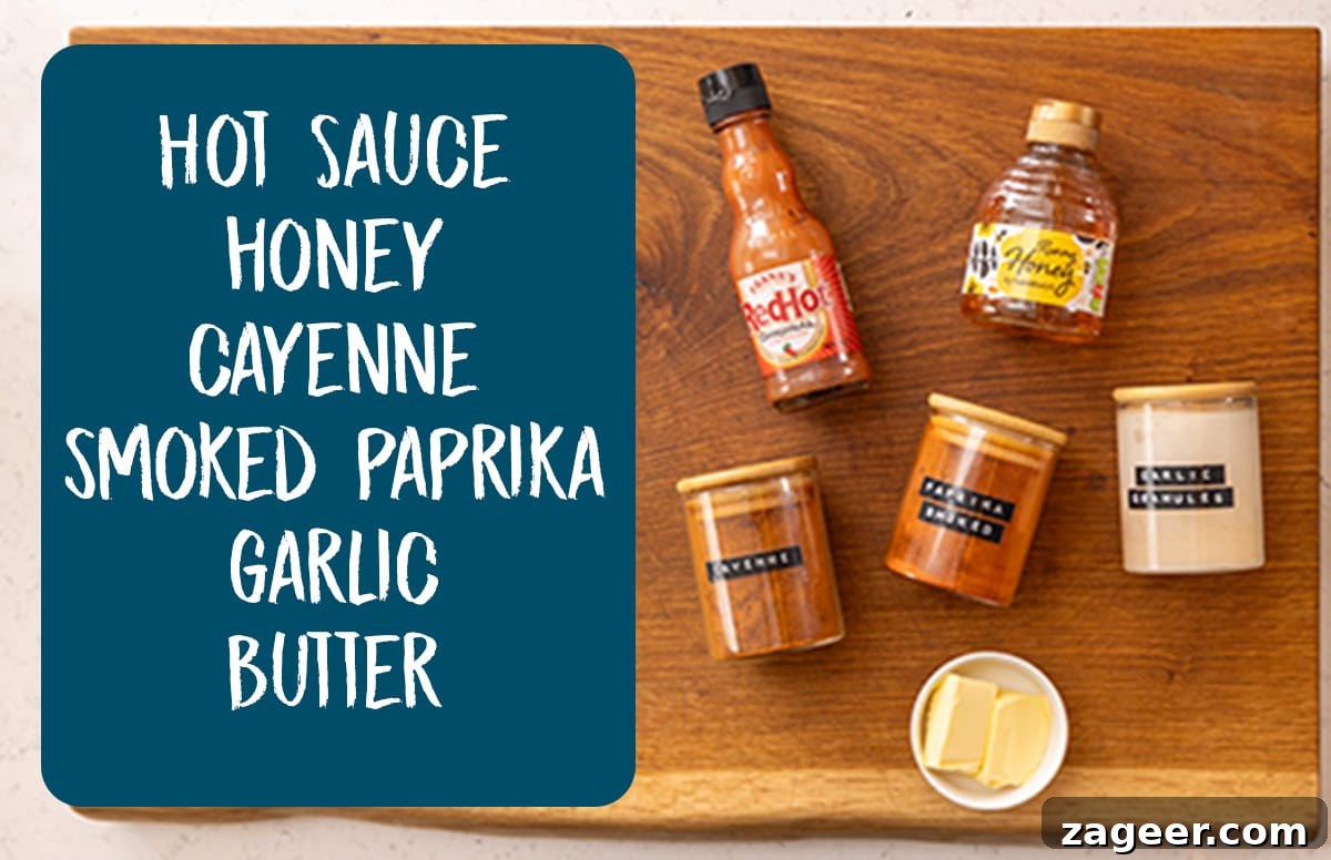 Spicy Honey-Glazed Chicken Recipe 5 Ingredients for hot honey sauce on a wooden board. There is a blue text box with the list of ingredients on the left.