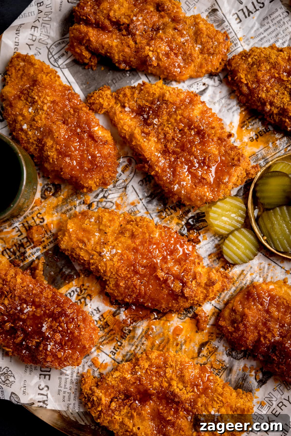 Spicy Honey-Glazed Chicken Recipe 6 Overhead image of crispy baked chicken breast fillets on a baking tray with sliced pickles. The chicken has been drizzled with hot honey sauce.